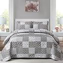 Mybedsoul Grey Boho Quilt King Size, Patchwork Floral Bedding Set