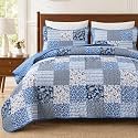 Mybedsoul King Size Quilt, Boho Patchwork Floral Bedding Set, Blue