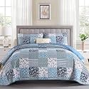 Mybedsoul King Size Quilt, Boho Patchwork Floral Bedding Set, Navy Blue