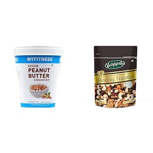 myfitness original peanut butter crunchy 510g  25g protein to boost energy amp happilo premium international healthy nutmix 200g