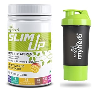 myherb slim up meal replacement shake with 16 natural herbal blendayurvedic formula for weight controlampmanagement-135g protein-23 vitamins menampwomen juicy mango milk shake 1 kg  shaker bottle