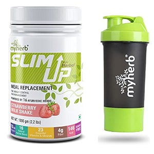 myherb slim up meal replacement shake with 16 natural herbal blendayurvedic formula for weight controlampmanagement-135g protein-23 vitamins menampwomen strawberry milk shake 1 kg  shaker bottle