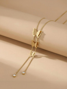 myki long butterfly layered necklace for women  girls gold-plated crystal stainless steel pendant