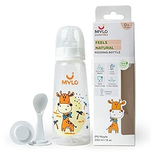 mylo baby 2 in 1 feeding bottle with spoon 250 ml for new born baby  anti colic amp bpa free feeding bottles  feels natural baby bottle  easy flow neck design- grey girrafe