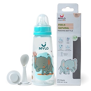 mylo baby 2 in 1 feeding bottle with spoon 250 ml for new born baby  anti colic amp bpa free feeding bottles  feels natural baby bottle  easy flow neck design- blue elephant