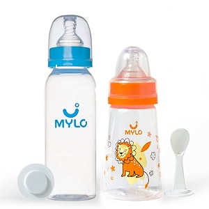 mylo baby 2 in 1 feeding bottles with spoon for new born baby 125ml  250ml  anti colic amp bpa free feeding bottles  feels natural baby bottle  easy flow neck design- lion  sky blue