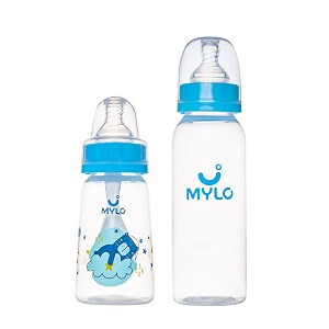 mylo baby 2 in 1 feeding bottles with spoon for new born baby 125ml  250ml  anti colic amp bpa free feeding bottles  feels natural baby bottle  easy flow neck design- bear  sky blue