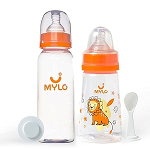 mylo baby 2 in 1 feeding bottles with spoon for new born baby 125ml  250ml  anti colic amp bpa free feeding bottles  feels natural baby bottle  easy flow neck design- lion  zesty orange