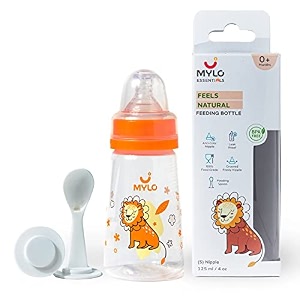 mylo baby 2 in 1 feeding bottles with spoon for new born baby 125ml  250ml  anti colic amp bpa free feeding bottles  feels natural baby bottle  easy flow neck design- bear  elephant