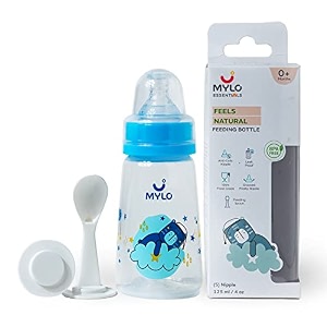mylo baby 2 in 1 feeding bottles with spoon for new born baby 125ml  250ml  anti colic amp bpa free feeding bottles  feels natural baby bottle  easy flow neck design- bear  elephant