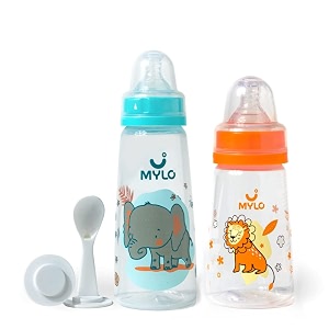 mylo baby 2 in 1 feeding bottles with spoon for new born baby 125ml  250ml  anti colic amp bpa free feeding bottles  feels natural baby bottle  easy flow neck design- lion  elephant