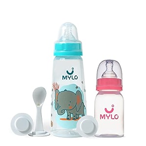 mylo baby 2 in 1 feeding bottles with spoon for new born baby 125ml  250ml  anti colic amp bpa free feeding bottles  feels natural baby bottle  easy flow neck design- bear  elephant