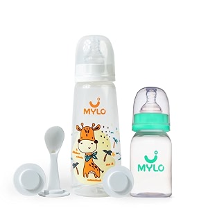 mylo baby 2 in 1 feeding bottles with spoon for new born baby 125ml  250ml  anti colic amp bpa free feeding bottles  feels natural baby bottle  easy flow neck design- sea green  giraffe