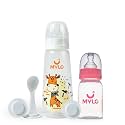Mylo Baby 2 in 1 Feeding Bottles with Spoon for New Born Baby (125ml + 250ml) | Anti Colic &amp; BPA Free Feeding Bottles | Feels Natural Baby Bottle | Easy Flow Neck Design- Pink + Giraffe