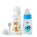 Mylo Baby 2 in 1 Feeding Bottles with Spoon for New Born Baby (125ml + 250ml) | Anti Colic &amp; BPA Free Feeding Bottles | Feels Natural Baby Bottle | Easy Flow Neck Design- Bear + Giraffe