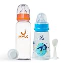 Mylo Baby 2 in 1 Feeding Bottles with Spoon for New Born Baby (125ml + 250ml) | Anti Colic &amp; BPA Free Feeding Bottles | Feels Natural Baby Bottle | Easy Flow Neck Design- Bear + Zesty Orange