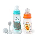 Mylo Baby 2 in 1 Feeding Bottles with Spoon for New Born Baby (125ml + 250ml) | Anti Colic &amp; BPA Free Feeding Bottles | Feels Natural Baby Bottle | Easy Flow Neck Design- Lion + Elephant