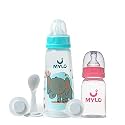 Mylo Baby 2 in 1 Feeding Bottles with Spoon for New Born Baby (125ml + 250ml) | Anti Colic &amp; BPA Free Feeding Bottles | Feels Natural Baby Bottle | Easy Flow Neck Design- Bear + Elephant