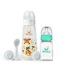 Mylo Baby 2 in 1 Feeding Bottles with Spoon for New Born Baby (125ml + 250ml) | Anti Colic &amp; BPA Free Feeding Bottles | Feels Natural Baby Bottle | Easy Flow Neck Design- Sea Green + Giraffe