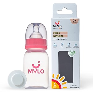 mylo baby feeding bottle 125 ml for new born baby  anti colic amp bpa free feeding bottles  feels natural baby bottle  easy flow neck design- plain pink