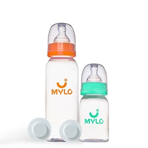 mylo baby feeding bottle 125ml  250ml for new born baby  anti colic amp bpa free feeding bottles  feels natural baby bottle  easy flow neck design- sea green  zesty orange