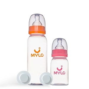 mylo baby feeding bottle 125ml  250ml for new born baby  anti colic amp bpa free feeding bottles  feels natural baby bottle  easy flow neck design- pink  zesty orange