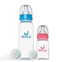 Mylo Baby Feeding Bottle (125ml + 250ml) for New Born Baby | Anti Colic &amp; BPA Free Feeding Bottles | Feels Natural Baby Bottle | Easy Flow Neck Design- Pink + Sky Blue
