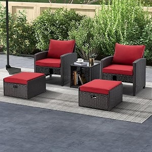 5 piece patio furniture setoutdoor wicker conversation set modern rattan bistro set for balcony garden deck outside dark brown and red color