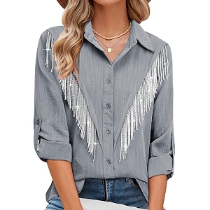 MYMORE Womens Sparkly Fringe Shirt Western Cowgirl