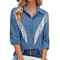 MYMORE Womens Sparkly Fringe Shirt Western Cowgirl