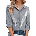 MYMORE Womens Sparkly Fringe Shirt Western Cowgirl