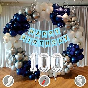 100th birthday decoration items for blue and white theme combination for boys girls  50 pcs blue white silver balloon  blue birthday banner  balloon pump  arch tape  glue dots