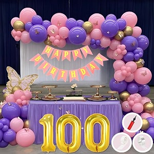 100th birthday decoration items for pink and purple theme combination for girls princes  50 pcs pink purple gold balloon  pink birthday banner  balloon pump  arch tape  glue dots