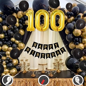 100th birthday decoration items for black and gold theme combination for boys girls  50 pcs black gold balloon  black birthday banner  balloon pump  arch tape  glue dots