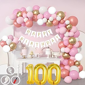 100th birthday decoration items for pink and white theme combination for girls 50 pc pink white gold rose gold balloon white birthday banner balloon pump arch tape glue dots