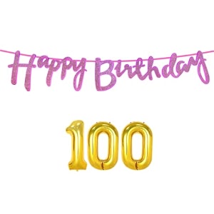 100th happy birthday decoration kit dark pink for 100 year old women with number one-hundred decorations decor celebration items item set combo reusable cursive banner