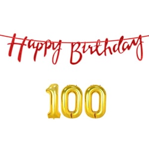 100th happy birthday decoration kit red for 100 year old women with number one-hundred decorations decor celebration items item set combo reusable cursive banner