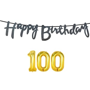 100th happy birthday decoration kit black for 100 year old women adults with number one-hundred decorations decor celebration items item set combo reusable cursive banner