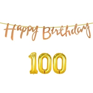 100th happy birthday decoration kit rose gold for 100 year old women with number one-hundred decorations decor celebration items item set combo reusable cursive banner