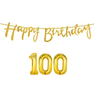 100th happy birthday decoration kit golden for 100 year old women adults with number one-hundred decorations decor celebration items item set combo reusable cursive banner