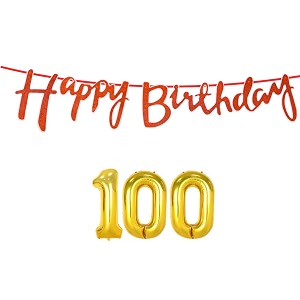 100th happy birthday decoration kit orange for 100 year old women adults with number one-hundred decorations decor celebration items item set combo reusable cursive banner