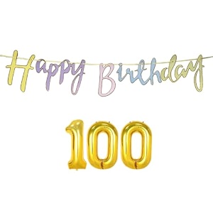 100th happy birthday decoration kit multicolour for 100 year old women with number one-hundred decorations decor items item set combo reusable cursive banner