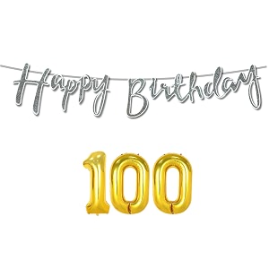 100th happy birthday decoration kit silver for 100 year old women with number one-hundred decorations decor celebration items item set combo reusable cursive banner