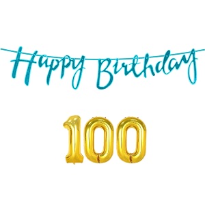 100th happy birthday decoration kit blue for 100 year old women adults with number one-hundred decorations decor celebration items item set combo reusable cursive banner