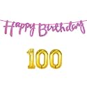 100th Happy Birthday Decoration Kit Dark Pink for 100 Year Old Women with Number One-hundred Decorations Decor Celebration Items Item Set Combo Reusable Cursive Banner