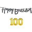 100th Happy Birthday Decoration Kit Black for 100 Year Old Women Adults with Number One-hundred Decorations Decor Celebration Items Item Set Combo Reusable Cursive Banner