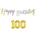 100th Happy Birthday Decoration Kit Multicolour for 100 Year Old WoMen with Number One-hundred Decorations Decor Items Item Set Combo Reusable Cursive Banner