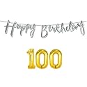 100th Happy Birthday Decoration Kit Silver for 100 Year Old Women with Number One-Hundred Decorations Decor Celebration Items Item Set Combo Reusable Cursive Banner