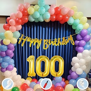 100th multicolour birthday decoration items for boys girls kids mens women  60 pcs mix color balloons  gold cursive glitter birthday banner  balloon pump  arch tape  glue dots
