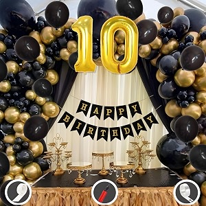 10th birthday decoration items for black and gold theme combination for boys girls  50 pcs black gold balloon  black birthday banner  balloon pump  arch tape  glue dots